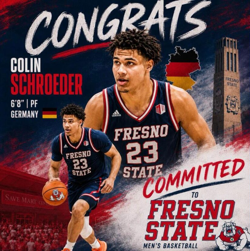 Colin Schroeder, 6’8” power forward from Germany, Fresno State commitment graphic