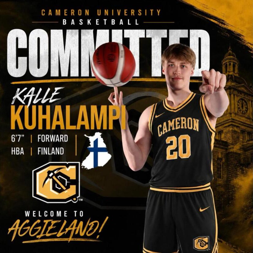 Kalle Kuhalampi in a Cameron University jersey, committed graphic