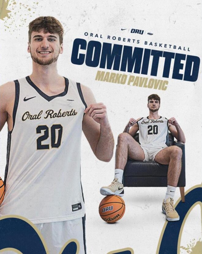 Marko Pavlović in an Oral Roberts jersey, committed graphic