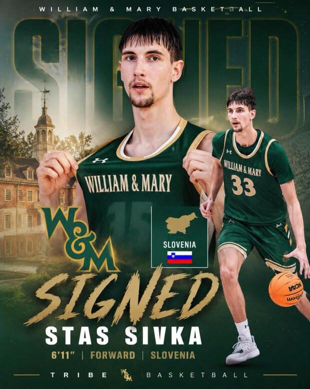 Staš Sivka, 6’11” forward from Slovenia, William & Mary signing graphic